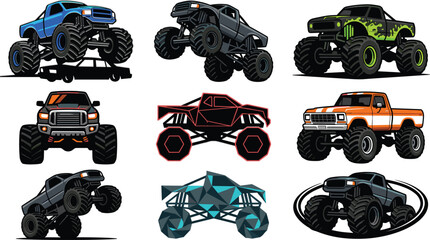 Extreme Monster Truck Vector Icon Set Featuring Big Wheels Car Crushing Wheelie Stunts Low Poly Geometric and Offroad Motorsport Logo Designs © Nayem