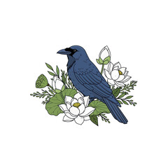 Obraz premium Crow Perched on White Lotus Flowers Illustration