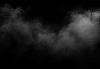 Fototapeta premium Abstract white smoke cloud drifting across a black background, creating a dramatic atmospheric mist texture with soft motion and high contrast.
