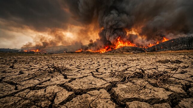 Terre s&egrave;che et craquel&eacute;e par une s&eacute;cheresse extr&ecirc;me au premier plan avec un immense incendie de for&ecirc;t en arri&egrave;re-plan. Concept de changement climatique, r&eacute;chauffement climatique et ph&eacute;nom&egrave;ne El Ni&ntilde;o. 