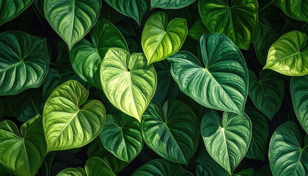 Lush Green Heart-Shaped Philodendron Leaves Pattern.