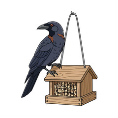 Obraz premium Crow Perched on a Wooden Bird Feeder