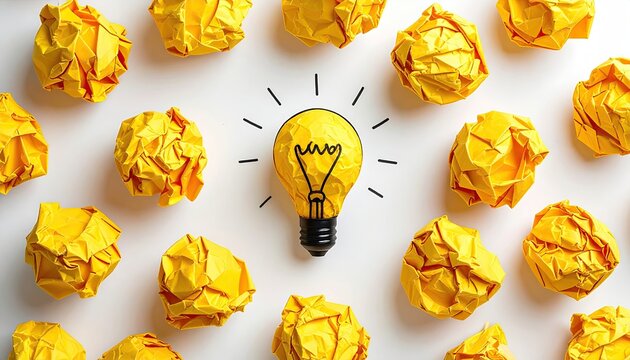 Bright Idea Lightbulb Surrounded by Crumpled Yellow Paper Balls.