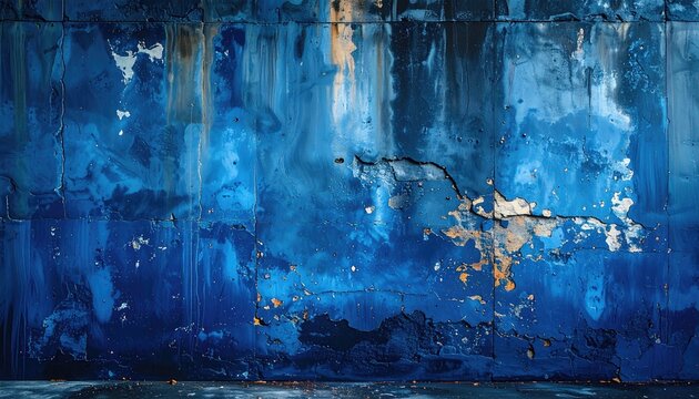 Abstract Blue Textured Background with Peeling Paint and Rust Stains.