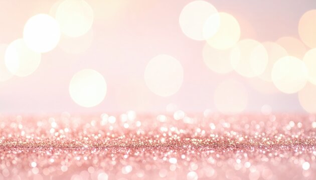 Sparkling Rose Gold Glitter Surface with Soft Bokeh Lights Background.