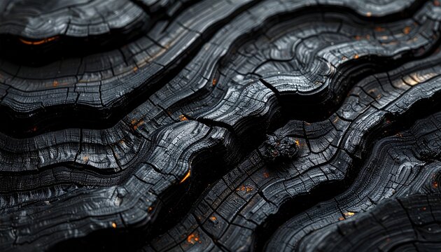 Close-up Macro Texture of Charred Wood Grain Pattern.