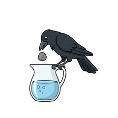 Naklejka premium Thirsty Crow Dropping Pebble into Water Pitcher
