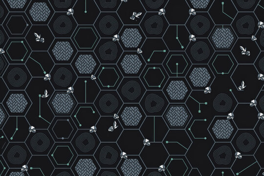 Dark seamless pattern with hexagonal grid containing textured circular shapes and small robotic connected by thin circuit lines