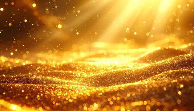 Golden Glittering Waves of Light Particles Abstract Background.