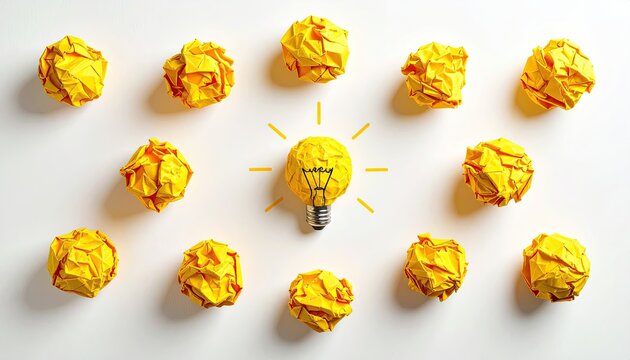Creative Idea Light Bulb Surrounded by Crumpled Yellow Paper Balls.