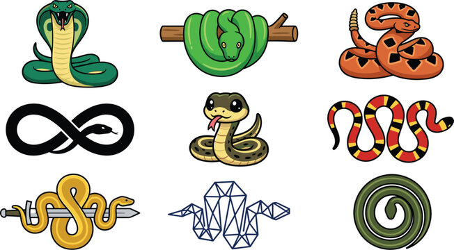 Snake Vector Icon Set with Cobra, Rattlesnake, Cartoon Serpent, Geometric Line Art, and Sword Elements for Mascot Logos, Tattoos, and Graphic Designs
