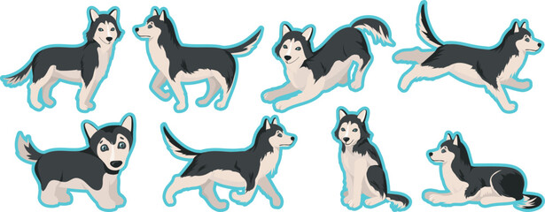 Cute Siberian husky dog character collection featuring playful poses and expressive actions. Friendly canine illustrations capture movement, energy, and personality. Perfect for children’s books, pet  © Vivid Pixel Studio.
