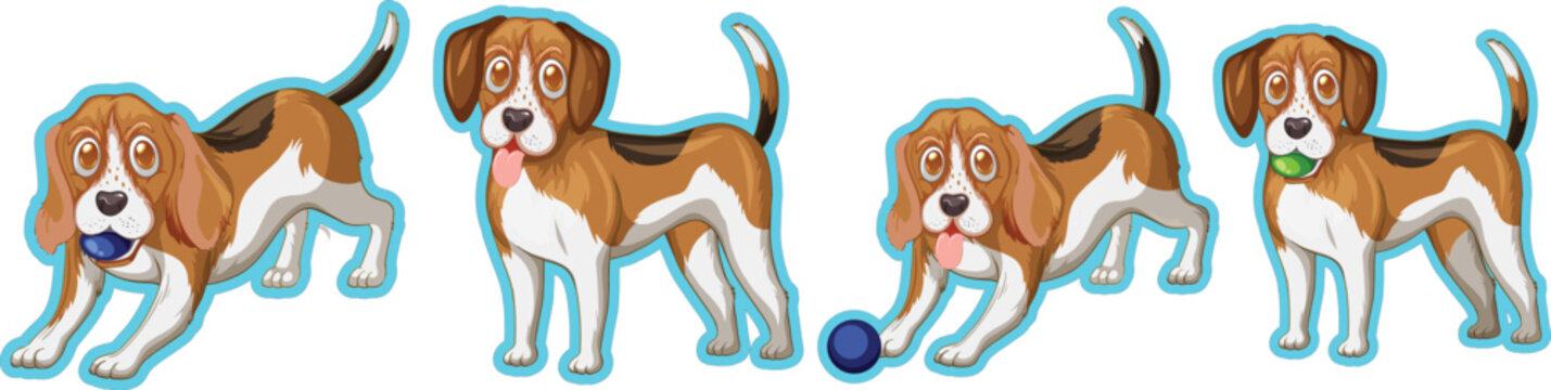 Cute cartoon beagle dog character collection with playful poses and expressions. Friendly pet illustrations showcase movement, curiosity, and cheerful personality. Perfect for children&rsquo;s books, sticke