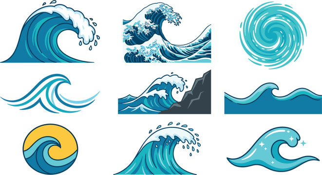 Ocean Wave Vector Icon Set with Japanese Style Great Wave, Sea Tides, Water Swirls, and Surf Crests for Summer Vacation Logos and Marine Branding Designs