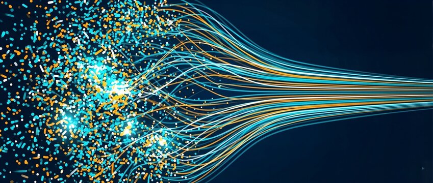Abstract digital data flow transforming scattered glowing cyan and orange particles into organized straight horizontal lines