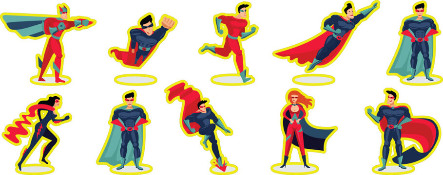 Cartoon superhero character collection featuring diverse costumes and action poses. Colorful comic style heroes showcase strength, courage, and adventure themes. Perfect for children&rsquo;s books, games, a