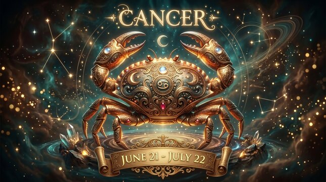 > Cancer zodiac sign astrology illustration. Ornate golden crab with cosmic background, constellations, and dates June 21 - July 22. Mystic horoscope design relevant for 2026 calendar. Generative AI.