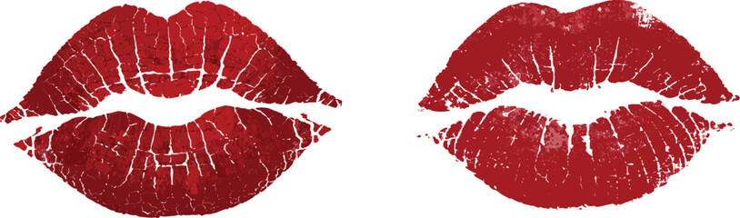 Red lipstick kiss prints isolated on white background. Detailed lip impression design showcases romance, beauty, and cosmetic themes. Perfect for Valentine promotions, fashion branding, greeting cards © Vivid Pixel Studio.