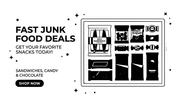 Snack Bar Banner with Sandwich Candy and Chocolate Vector Poster Template