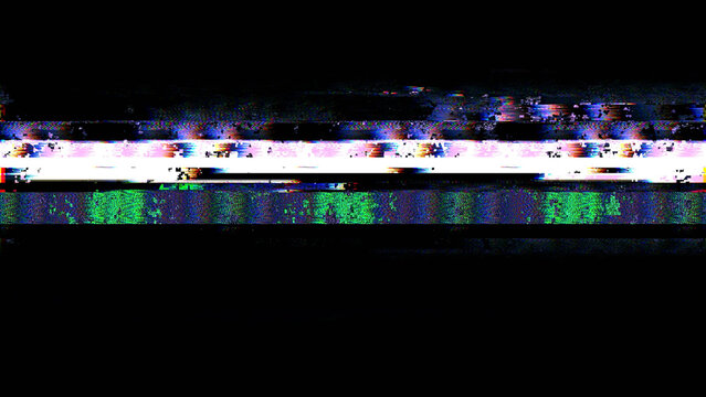 Abstract digital glitch texture on a black background, with distorted neon blue, cyan, green, and purple scan lines, creating a futuristic cyber error effect.