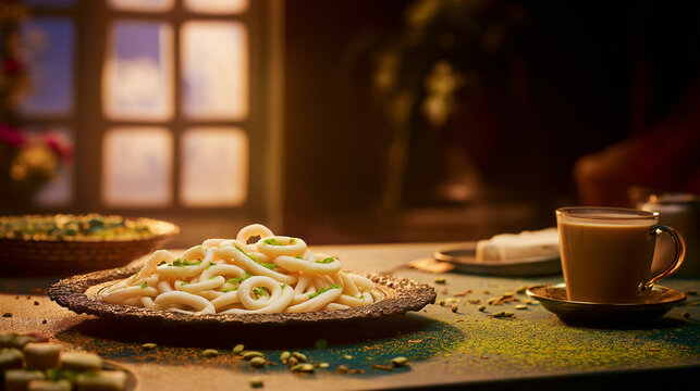 jalebi. Golden jalebi and white barfi on festive plate, edible confetti, chai cup, Pakistani sweets celebration concept for Independence Day. event programs.