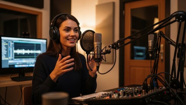 Radiant young woman wearing studio headphones speaks into a professional condenser microphone inside a warm recording room equipped with an audio mixer and monitors Wallpaper Background image