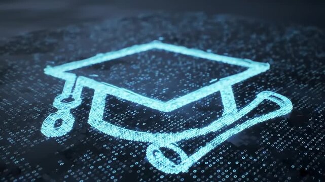 glowing digital graduation cap and scroll icon made of blue particles on a dark abstract background, representing online education and knowledge