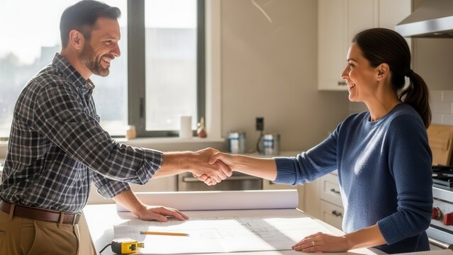 Smiling architect and female client shaking hands over blueprints in a sunlit modern kitchen Wallpaper Background image
