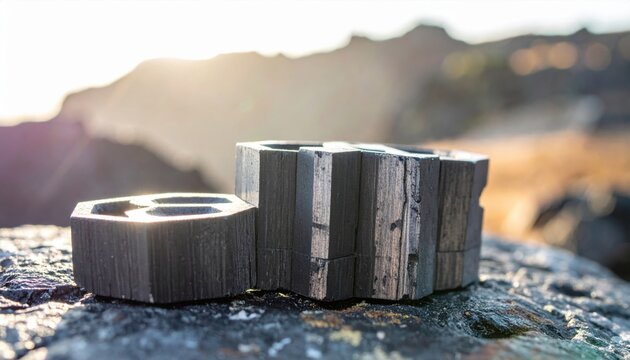Stacked hexagonal graphite flakes exhibiting a dark metallic sheen up close