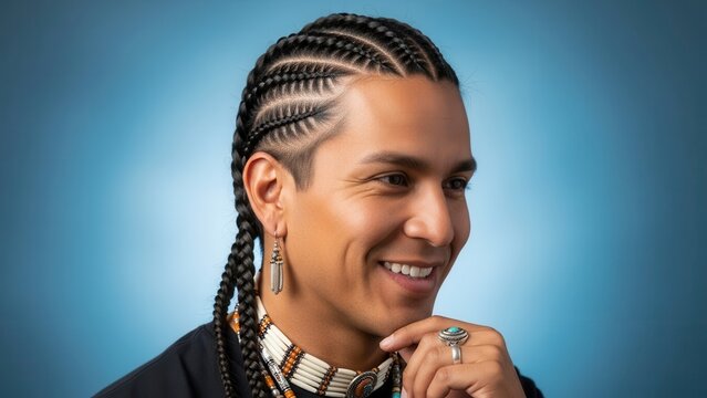 Smiling man with black cornrow braids and ethnic jewelry poses against a blue Wallpaper Background image