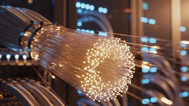  Closeup of illuminated fiber optic cables glowing with golden light, representing data transfer and network connectivity in a server room