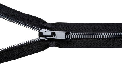Isolated black zipper with metal puller, partially open, modern clothing fastener detail © Saoirse