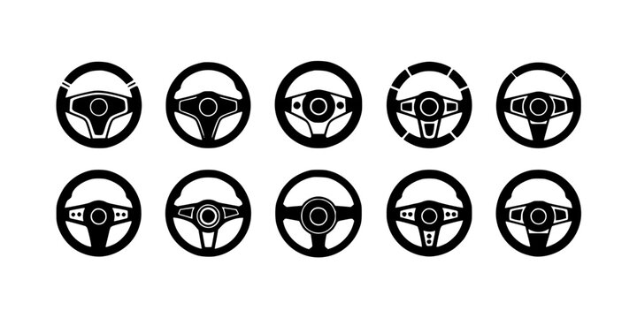 Steering Wheels with Various Designs and Styles in a Set of Ten Featuring Driving Wheel, Automobile, Car with Vehicle and Driving Elements