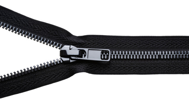 Isolated black zipper with metal puller, partially open, modern clothing fastener detail