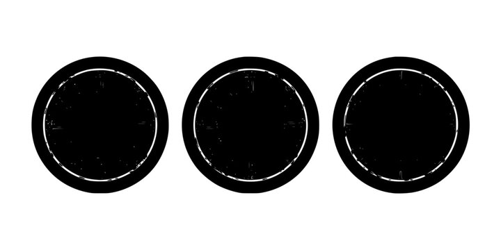 Seal Stamps Set of Three Circular Black Ink Grunge Emblems with White Border and Texture on Transparent Background