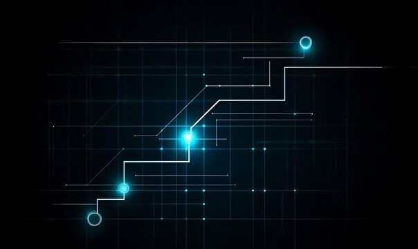 Futuristic digital stairway graph with glowing nodes on a grid background symbolizing progress.