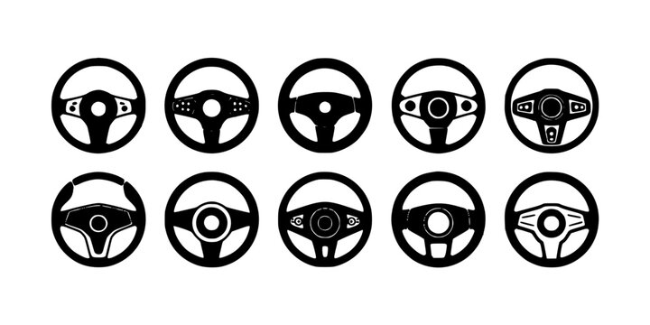 Steering Wheels with Various Designs and Buttons in Black and White Featuring Driving Wheel, Car Interior, Vehicle Interior with Auto Interior