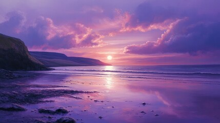 Obraz premium Serene purple sunset over tranquil beach