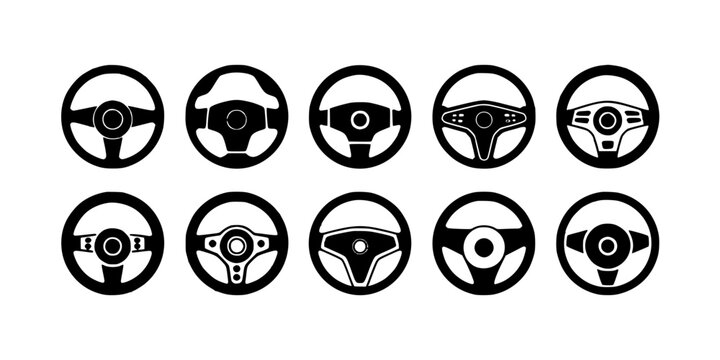 Steering Wheels with Various Designs and Styles in Black and White Featuring Driving Wheel, Car Parts, Vehicle Parts with Automotive and Driving
