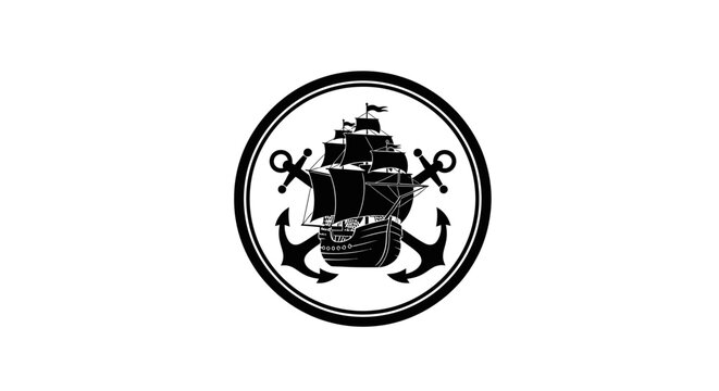 Vintage sailing ship emblem with anchors and flags in a circular frame symbolizing maritime adventure and exploration