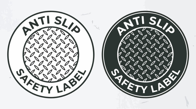 Two circular anti slip safety label vector graphic designs featuring diamond plate patterns in high contrast black and white colors