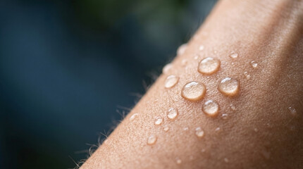 Fototapeta premium Close-Up Macro of Water Drops on Human Skin representing Hydration and Freshness for Skincare Marketing, Dermatology Concepts, and Wellness Websites