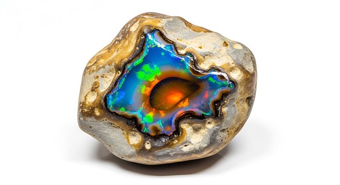 Rough boulder opal gemstone with vibrant blue green and orange play of color