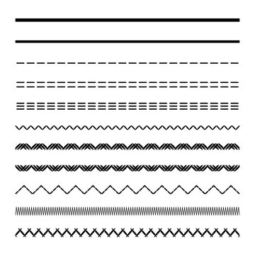 Sewing and embroidery stitch vector brushes for fashion design and garment technical drawings. Includes single, double, triple needle, zigzag, herringbone, cross stitch and decorative seams.