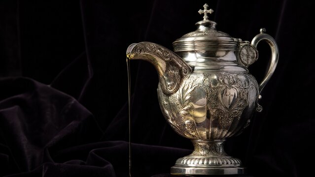 An ornate silver chrismatory with a thin golden stream, on dark velvet with dramatic lighting.