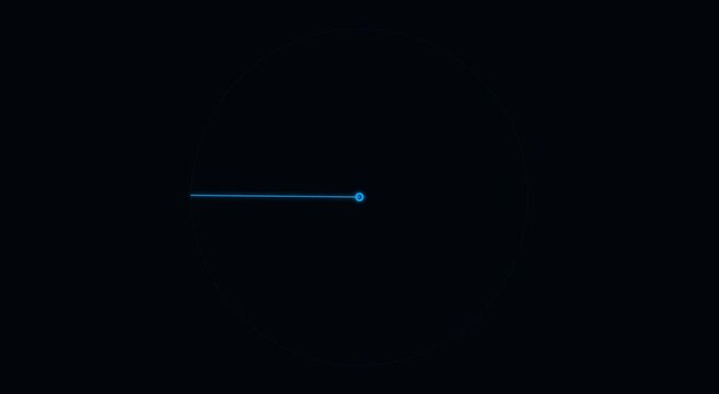 Minimalist digital clock interface with rotating blue neon second hand animation