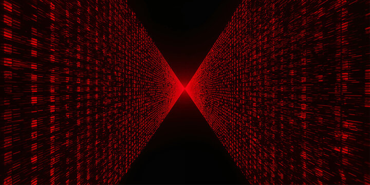 Red binary code abstract digital technology background with glowing futuristic dark pattern, light wave texture and modern design wallpaper