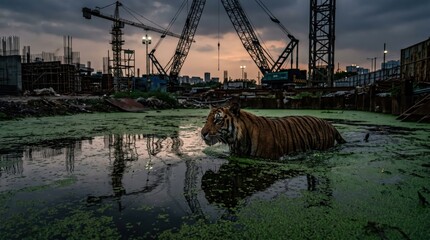 Fototapeta premium Tiger wading through algae covered water at dusk amid industrial construction site with cranes and urban skyline. moody twilight scene combining wildlife presence with abandoned industrial backdrop.