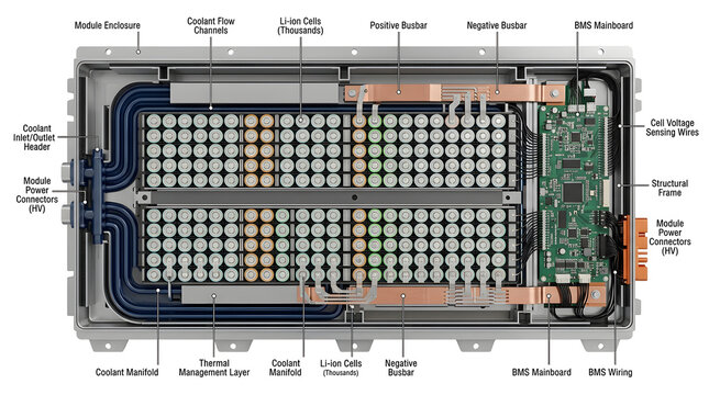 Labeled Top View Electric Vehicle Battery Pack Diagram Illustrating Cell Layout Cooling Paths and BMS Components