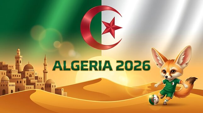Algeria 2026, cartoon fennec fox, desert landscape, sports mascot